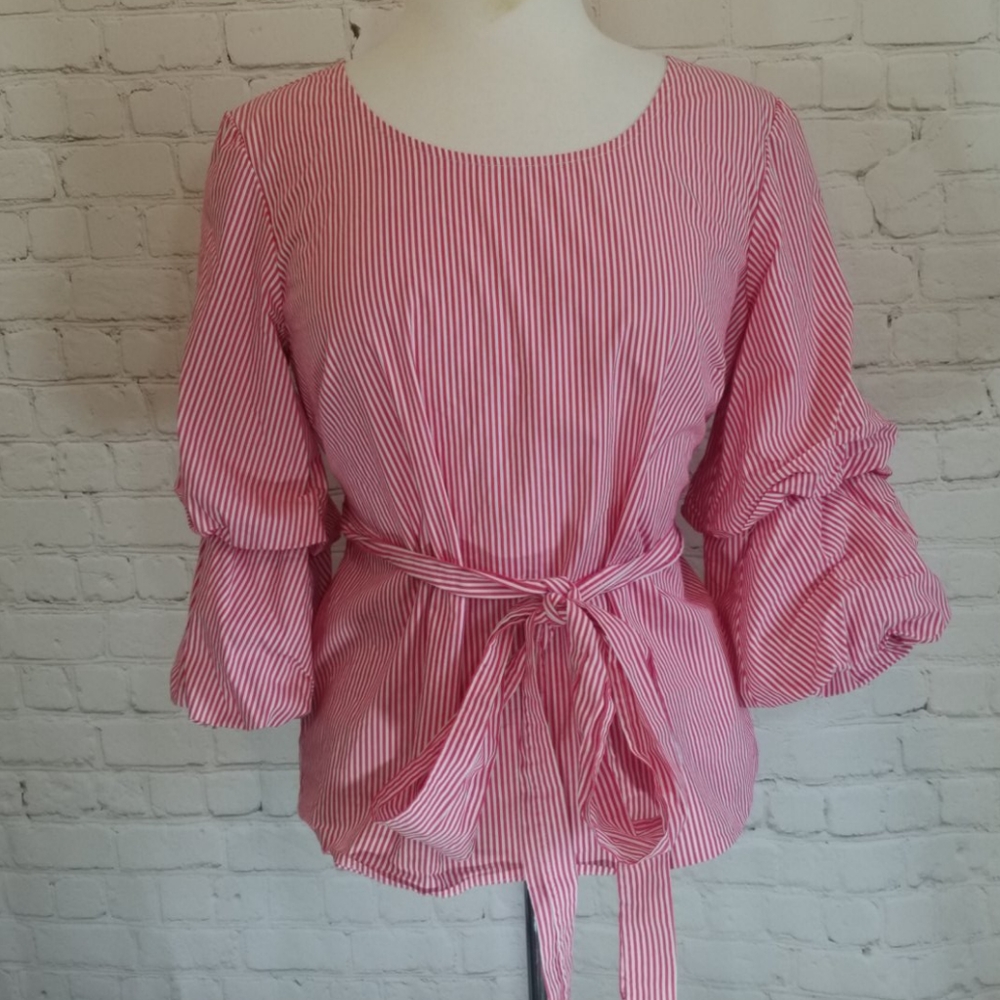 INC red stripe, puffed sleeve blouse